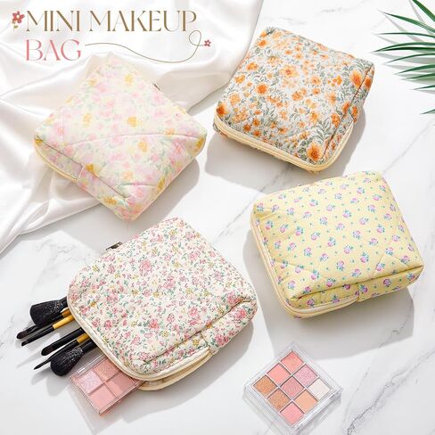Paterr 4 Pcs Mini Quilted Floral Makeup Bag Small Coquette Cosmetic Bag Aesthetic Floral Makeup Pouch with Zipper Cute Travel Toiletry Essentials for Women(Pink, Orange Flower) in Saudi Arabia