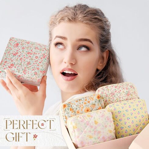 Paterr 4 Pcs Mini Quilted Floral Makeup Bag Small Coquette Cosmetic Bag Aesthetic Floral Makeup Pouch with Zipper Cute Travel Toiletry Essentials for Women(Pink, Orange Flower) in Saudi Arabia