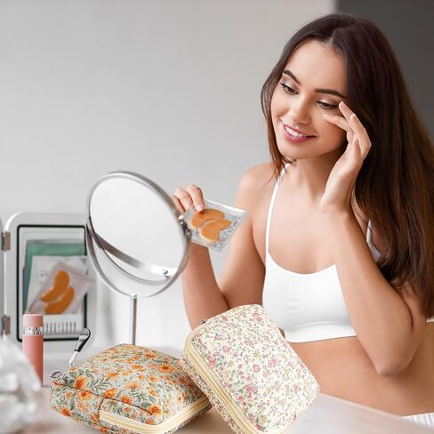Paterr 4 Pcs Mini Quilted Floral Makeup Bag Small Coquette Cosmetic Bag Aesthetic Floral Makeup Pouch with Zipper Cute Travel Toiletry Essentials for Women(Pink, Orange Flower) in Saudi Arabia