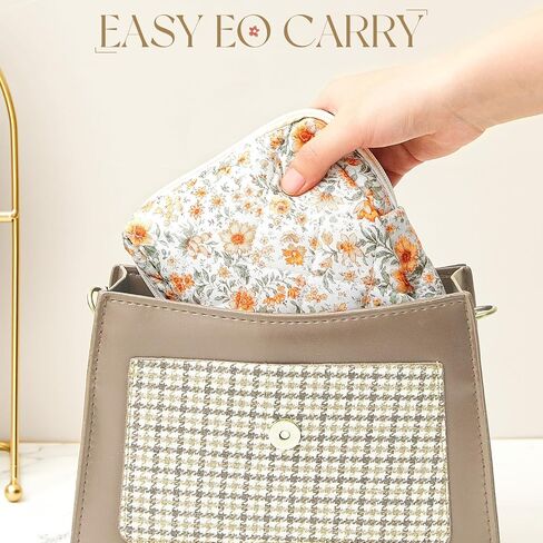 Paterr 4 Pcs Mini Quilted Floral Makeup Bag Small Coquette Cosmetic Bag Aesthetic Floral Makeup Pouch with Zipper Cute Travel Toiletry Essentials for Women(Pink, Orange Flower) in Saudi Arabia