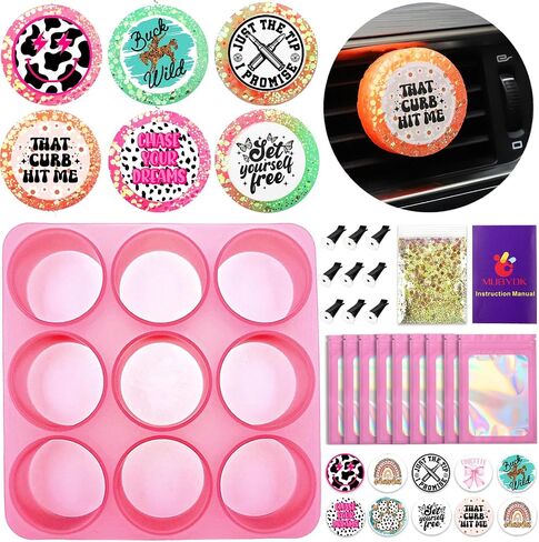MUBYOK Scented Car Vent Freshie Supplies Starter Kit,DIY Car Air Freshener Vent Clip Craft Kit with 250g Aroma Beads,1.5 inch Circle Freshies Silicone Molds,Glitter & CardStock for Women in Kuwait