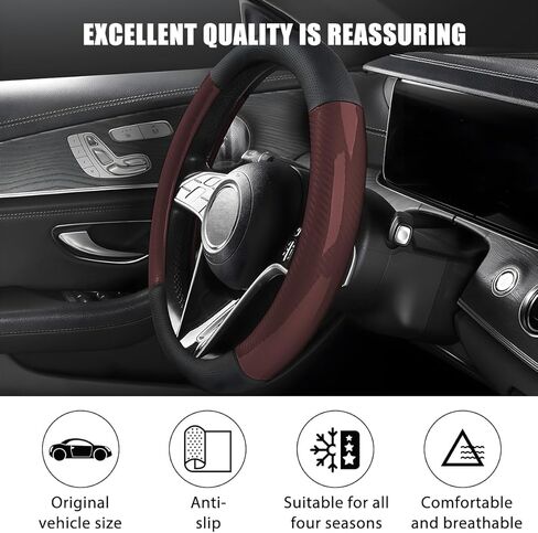 Carbon Fiber Car Steering Wheel Cover, 15 Inch Leather Breathable Anti-Slip Vehicle Steering Wheel Protector, Automotive Interior Accessories, Universal for SUV Sedan Truck (Red) in Kuwait