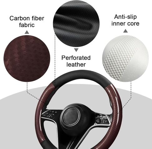 Carbon Fiber Car Steering Wheel Cover, 15 Inch Leather Breathable Anti-Slip Vehicle Steering Wheel Protector, Automotive Interior Accessories, Universal for SUV Sedan Truck (Red) in Kuwait