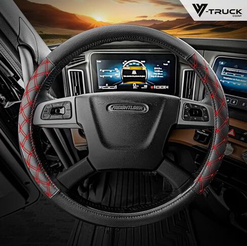 Steering Wheel Cover 18 inch Size Faux Leather Semi Truck, BLACK WITH GREY STITCHING in Kuwait