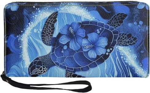 Turtle Heart Wristlet Wallet for Ladies Blue Hibiscus PU Leather Long Purse Waterproof Card Holder Phone Organizer with Zipper Coin Pocket in Kuwait