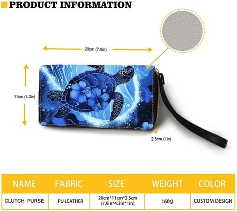 Turtle Heart Wristlet Wallet for Ladies Blue Hibiscus PU Leather Long Purse Waterproof Card Holder Phone Organizer with Zipper Coin Pocket in Kuwait