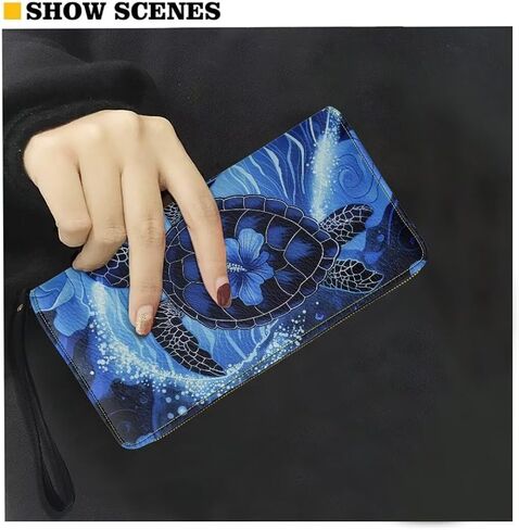 Turtle Heart Wristlet Wallet for Ladies Blue Hibiscus PU Leather Long Purse Waterproof Card Holder Phone Organizer with Zipper Coin Pocket in Kuwait