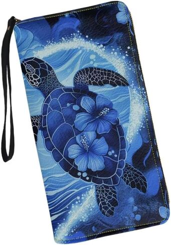 Turtle Heart Wristlet Wallet for Ladies Blue Hibiscus PU Leather Long Purse Waterproof Card Holder Phone Organizer with Zipper Coin Pocket in Kuwait
