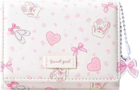 Small Wallet Bunny Floral Heart Coquette Bow Print Wallet with ID Credit Card Slots for Women Girls (CREAM) in Kuwait