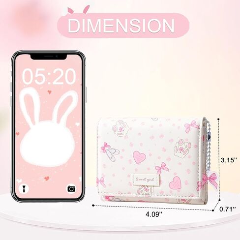 Small Wallet Bunny Floral Heart Coquette Bow Print Wallet with ID Credit Card Slots for Women Girls (CREAM) in Kuwait