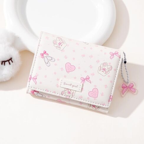 Small Wallet Bunny Floral Heart Coquette Bow Print Wallet with ID Credit Card Slots for Women Girls (CREAM) in Kuwait