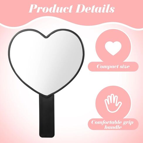مرآة رموش ماكياج ماكياج على شكل قلب مع مقبض ، مرآة ماكياج سفر محمولة ، مرآة تجميلية على شكل قلب صغير للنساء والفتيات (أسود) in Kuwait