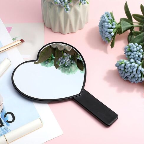 مرآة رموش ماكياج ماكياج على شكل قلب مع مقبض ، مرآة ماكياج سفر محمولة ، مرآة تجميلية على شكل قلب صغير للنساء والفتيات (أسود) in Kuwait
