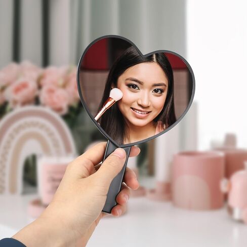 مرآة رموش ماكياج ماكياج على شكل قلب مع مقبض ، مرآة ماكياج سفر محمولة ، مرآة تجميلية على شكل قلب صغير للنساء والفتيات (أسود) in Kuwait