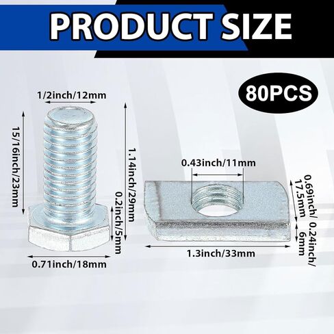 40 Pcs Channel Nut and 1/2 x 15/16 Bolt for All 1-5/8 Strut Channel, Galvanized Plating Channel Steel Screws for Use in Construction, Industry, Construction Sites, Factories in Kuwait