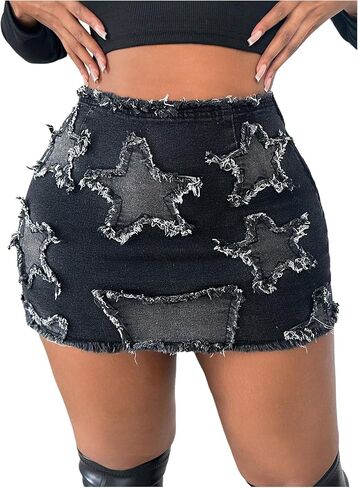 WDIRARA Women's Plus Size Y2k Star Patch High Waist Denim Skirt Distressed Bodycon Mini Skirts in Saudi Arabia