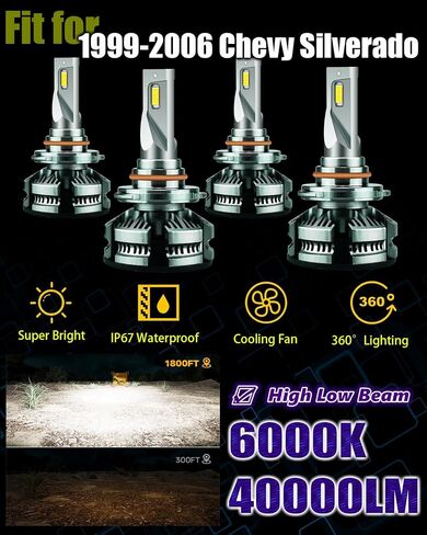 Fits for 1999 2000 2001 2002 2003 2004 2005 2006 Chevy Silverado High/Low Beam Light Bulbs 1500 2500 HD 3500,9005 High Beam 9006 Low Beam or Fog Lights Bulb, 600% Brightness 6000K,Pack of 4 in Saudi Arabia