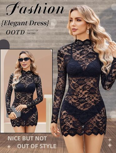Avidlove Women's Long Sleeve Lace Cocktail Dress Sexy See Through Lingerie Mini Babydoll Dresses for Party (No Linling) in Saudi Arabia