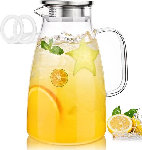 LUNA & MANTHA Glass Pitcher with Lid, Water Pitcher for Fridge, 64oz Drink Jug with 2 Silicone Rings, Borosilicate Glass for Iced Tea, Juice, Milk, Coffee Hot Cold Beverages Carafe 2 Quart in Saudi Arabia