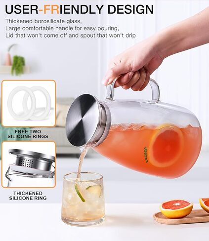 LUNA & MANTHA Glass Pitcher with Lid, Water Pitcher for Fridge, 64oz Drink Jug with 2 Silicone Rings, Borosilicate Glass for Iced Tea, Juice, Milk, Coffee Hot Cold Beverages Carafe 2 Quart in Saudi Arabia