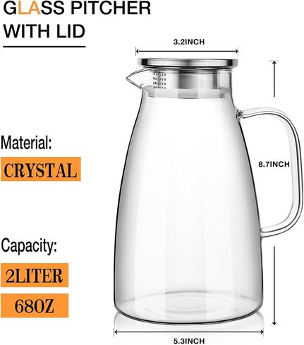 LUNA & MANTHA Glass Pitcher with Lid, Water Pitcher for Fridge, 64oz Drink Jug with 2 Silicone Rings, Borosilicate Glass for Iced Tea, Juice, Milk, Coffee Hot Cold Beverages Carafe 2 Quart in Saudi Arabia
