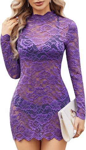 Avidlove Women's Long Sleeve Lace Cocktail Dress Sexy Sear من خلال ملابس Babydoll Lingerie Mini للحفلة (بدون لينلينج) in Kuwait