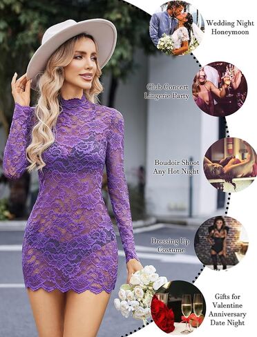 Avidlove Women's Long Sleeve Lace Cocktail Dress Sexy Sear من خلال ملابس Babydoll Lingerie Mini للحفلة (بدون لينلينج) in Kuwait