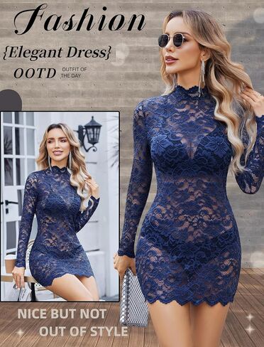 Avidlove Women's Long Sleeve Lace Cocktail Dress Sexy Sear من خلال ملابس Babydoll Lingerie Mini للحفلة (بدون لينلينج) in Kuwait