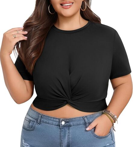 Lastshe Women's Plus Size Summer Crop Tops Short Sleeve Blouses Tie Twist Front Tee T-Shirt Outfits in Saudi Arabia