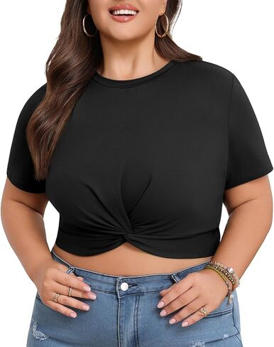 Lastshe Women's Plus Size Summer Crop Tops Short Sleeve Blouses Tie Twist Front Tee T-Shirt Outfits in Saudi Arabia