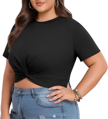 Lastshe Women's Plus Size Summer Crop Tops Short Sleeve Blouses Tie Twist Front Tee T-Shirt Outfits in Saudi Arabia