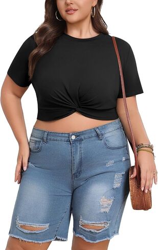 Lastshe Women's Plus Size Summer Crop Tops Short Sleeve Blouses Tie Twist Front Tee T-Shirt Outfits in Saudi Arabia