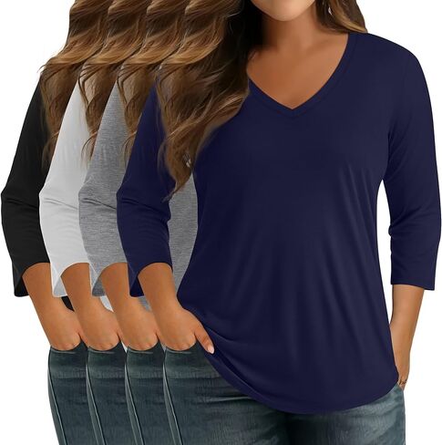 4 Pack XL-5XL Women's Cotton Plus Size 3/4 Sleeve V Neck Tops Loose Casual Shirts Basic Tees Clothes in Kuwait