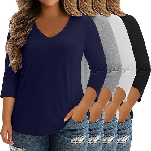 4 Pack XL-5XL Women's Cotton Plus Size 3/4 Sleeve V Neck Tops Loose Casual Shirts Basic Tees Clothes in Kuwait