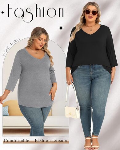 4 Pack XL-5XL Women's Cotton Plus Size 3/4 Sleeve V Neck Tops Loose Casual Shirts Basic Tees Clothes in Kuwait