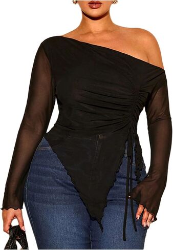 Soly Hux Women's Plus Size Mesh Tirt قبالة الكتف الطويل الأكمام الشديدة Tee Ruched Draphstring Extrical Lem Tops in Kuwait
