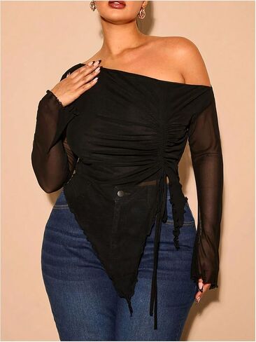Soly Hux Women's Plus Size Mesh Tirt قبالة الكتف الطويل الأكمام الشديدة Tee Ruched Draphstring Extrical Lem Tops in Kuwait