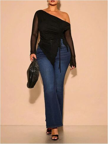 Soly Hux Women's Plus Size Mesh Tirt قبالة الكتف الطويل الأكمام الشديدة Tee Ruched Draphstring Extrical Lem Tops in Kuwait