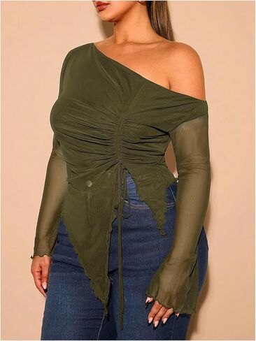 Soly Hux Women's Plus Size Mesh Tirt قبالة الكتف الطويل الأكمام الشديدة Tee Ruched Draphstring Extrical Lem Tops in Saudi Arabia