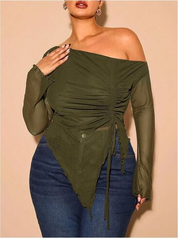 Soly Hux Women's Plus Size Mesh Tirt قبالة الكتف الطويل الأكمام الشديدة Tee Ruched Draphstring Extrical Lem Tops in Saudi Arabia