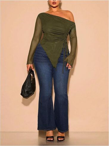 Soly Hux Women's Plus Size Mesh Tirt قبالة الكتف الطويل الأكمام الشديدة Tee Ruched Draphstring Extrical Lem Tops in Saudi Arabia