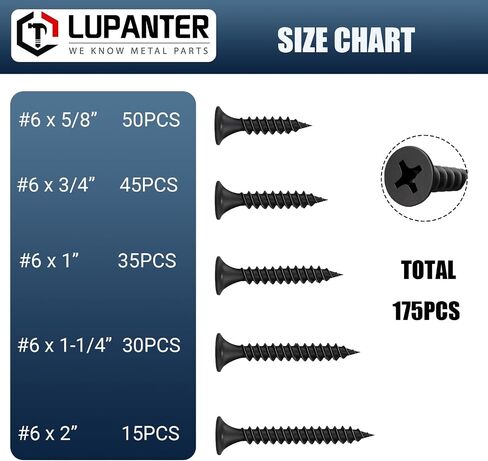 Wood Screws Assortment Kit, 180 PCS Stainless Steel Flat Head Wood Screws Set, Phillips Drive Assorted Screws,Including Sizes(#6 x 1/2, #6 x 3/4, #6 x 1, #6 x 1-1/4, #6 x 2 Inch) in Saudi Arabia
