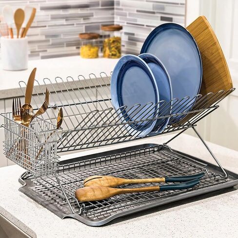 Better Houseware Cutlery Drying Basket with Hooks - Black Coated Steel Wire - 3 Compartments - Fits Most Dish Racks - Utensil Drying Rack for Sink in Saudi Arabia