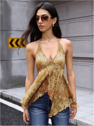 TweatyRocks نساء يتدفق الرسن من Paisley Print Deep v Tie Devin Back Back غير متناظرة in Saudi Arabia