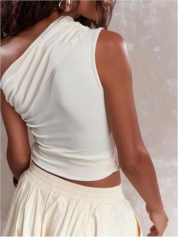 Floerns Women's Solid Sleeveless One Shoulder Tee Top Asymmetrical Neck Ruched Tank Top in Saudi Arabia