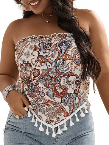 MakeMeChic Women's Plus Size Boho Tube Tops Paisley Print Fringe Tassel Hem Frill Trim Bandeau Shirt in Saudi Arabia