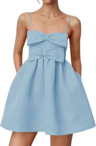 Yousify Womens Cute Mini Bow Dresses 2025 Summer Spaghetti Strap Elegant Babydoll A Line Short Cocktail Party ، S-XXL in Saudi Arabia