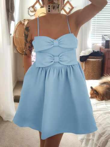 Yousify Womens Cute Mini Bow Dresses 2025 Summer Spaghetti Strap Elegant Babydoll A Line Short Cocktail Party ، S-XXL in Saudi Arabia