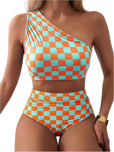SOLY HUX Women's Plaid Bathing Suit Checkered Print One Shoulder Ruched High Waisted Bikini Set Two Piece Swimsuit in Saudi Arabia