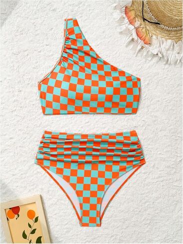 SOLY HUX Women's Plaid Bathing Suit Checkered Print One Shoulder Ruched High Waisted Bikini Set Two Piece Swimsuit in Saudi Arabia